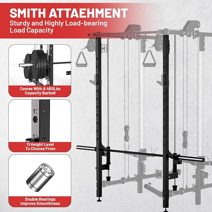 Garvee Folding Squat Rack, Wall Mounted Power Rack with Dual Independent Pulley System & Pull Up Bar, Multi-Function Power Cage with for Home Gym Space-Saving