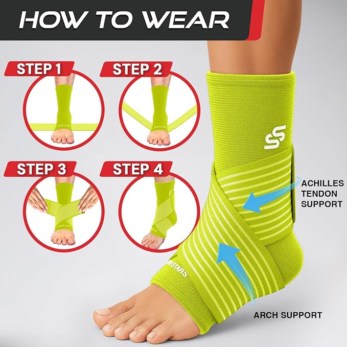Sleeve Stars Ankle Brace for Women & Men, Ankle Wrap for Sprained Ankle, Compression Sleeve for Plantar Fasciitis Relief, Easy Customizable Support: w/ Removable Strap (Single/M:10"-12"/Neon Yellow Green)