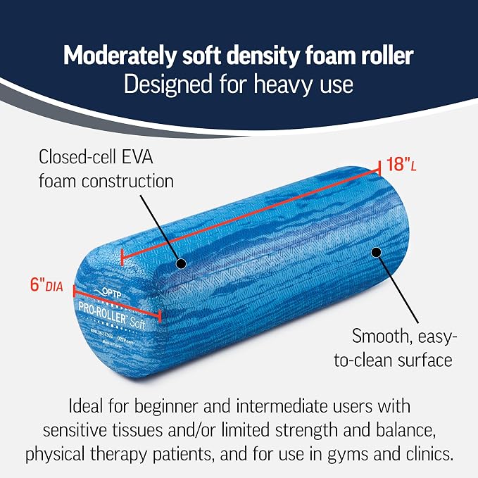 OPTP PRO-Roller Soft Density Foam Roller – Round, Short Blue, 18" x 6" | Low density soft foam roller for physical therapy, Pilates, yoga foam roll exercises, and muscle recovery, blue 18" x 6"
