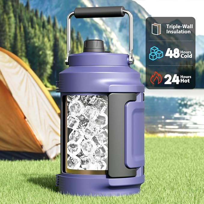 1 Gallon Insulated Water Bottle for Sports: Meoky 128 oz Triple Wall Vacuum Stainless Steel Water Jug - Top and Side Handles, Cold for 48 Hrs, 2-in-1 Straw and Spout Lid, Leak Proof for Hiking (Navy)