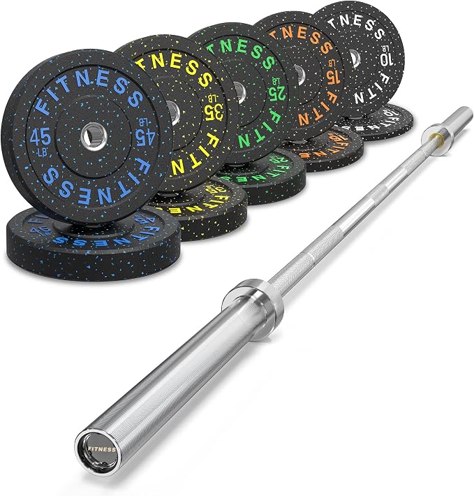 HANDBODE Olympic Barbell Set, 2-Inch Bumper Plates with Weight Plate Rack | Colored Crumb Rubber Weight Plates for Weight Lifting & Strength Training, 90–530 lb Set with 45 LB (20 kg) Olympic Barbell