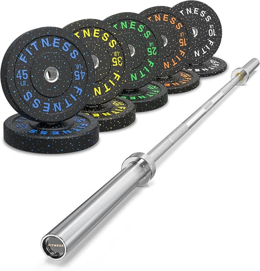 HANDBODE Olympic Barbell Set, 2-Inch Bumper Plates with Weight Plate Rack | Colored Crumb Rubber Weight Plates for Weight Lifting & Strength Training, 90–530 lb Set with 45 LB (20 kg) Olympic Barbell