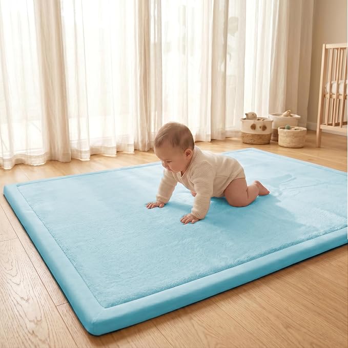 ACOMOPACK Baby Play Mat for Floor 1.3" Thick Memory Foam Play Mats 71"×79" Tummy Time Crawling with Non-slip Bottom for Living Room,Nursery,Soft Velvet Playpen for Kids,Infants（Light Blue）