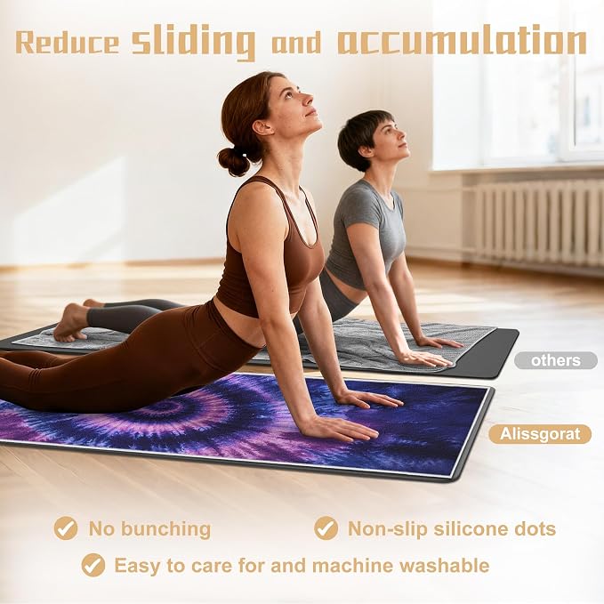 Yoga Mat Towel Non Slip Ultra-Absorbent Hot Yoga Towel, Super Stylish Printed Sweat Hot Yoga Towel, Ideal for Home, Workouts, Pilates, Yoga, 72 x 27in, Purple & Black Tie Dye