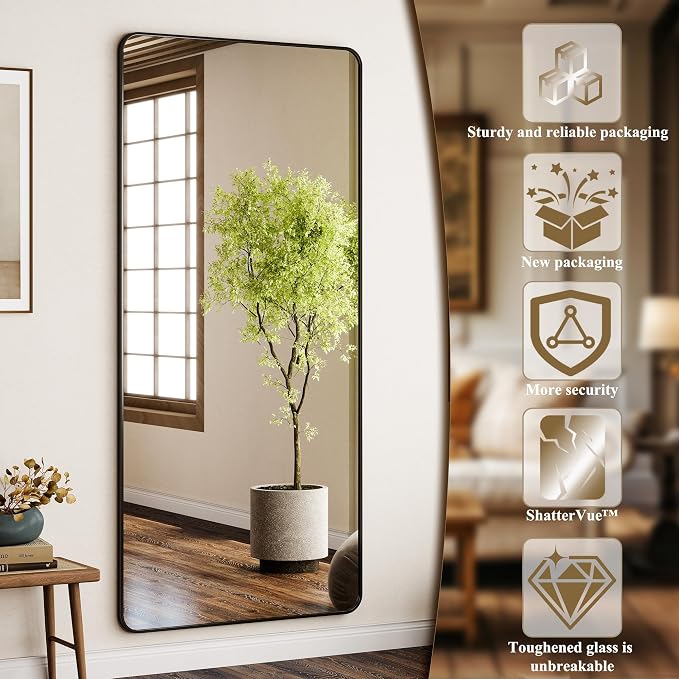 BEAUTYPEAK 76" x 34" Rounded Corner Full Length Mirror with Stand, Black | Aluminum Alloy Frame with Standing, Leaning, or Wall-Mounted, Ideal for Bedroom, Dressing Room, Entryway, and Living Room