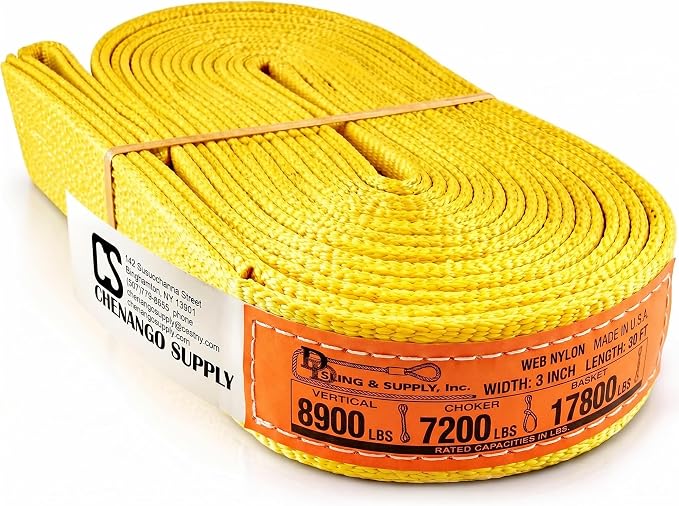 DD Sling 3 Inch x 30 Foot Nylon Lifting Sling – USA Made, 8,900 lb Vertical, 7,200 lb Choker, 17,800 lb Basket – 2-Ply Heavy Duty 900 Webbing, Type 3 Flat Eye & Eye Rigging Sling