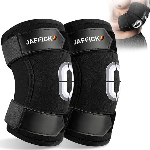 Jaffick Weightlifting Elbow Brace with Dual Adjustable Compression Strap | 1 Pair Elbow Sleeve for Bench Press, Powerlifting, Pressing, Men & Women (Black, L)