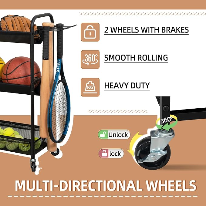 STORAGE MANIAC Basketball Rack 3-Shelf Training Stand with Wheels | Sports Ball Cart with Hooks, Rolling Ball Basket Storage for Garage or Gym, Indoor & Outdoor Sports Equipment Organizer