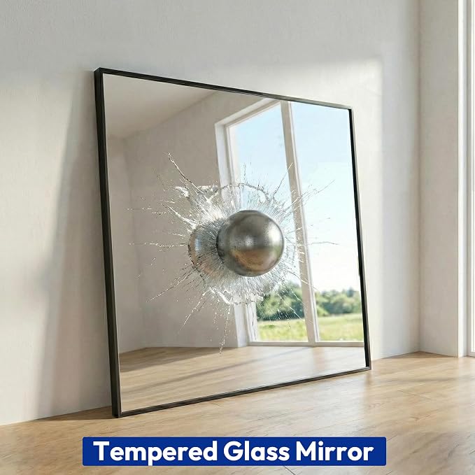 30" x 30" Square Matte Black Wall Mirror, Modern Geometric Metal Framed Decor, Bathroom Vanity & Entryway Accent Mirror, Flush Mount