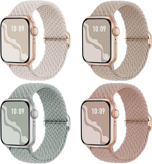 4 Pack Braided Stretchy Bands Compatible with Apple Watch 40mm 41mm 38mm 42mm 44mm 45mm 46mm 49mm Women Men, Breathable Nylon Elastic Daily Use Straps for iWatch Series 11/10 9 8 7 6 5 4 3 SE/Ultra 2