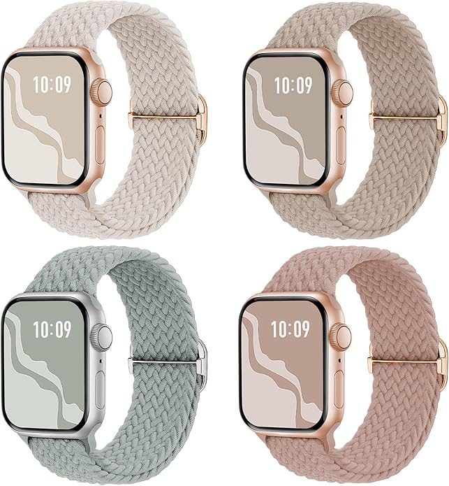 4 Pack Braided Stretchy Bands Compatible with Apple Watch 40mm 41mm 38mm 42mm 44mm 45mm 46mm 49mm Women Men, Breathable Nylon Elastic Daily Use Straps for iWatch Series 11/10 9 8 7 6 5 4 3 SE/Ultra 2