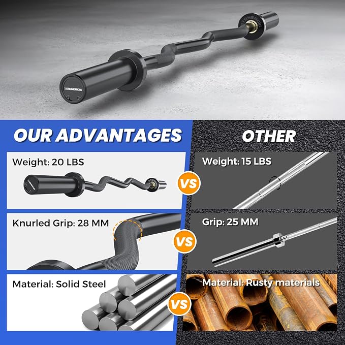 47” Solid Steel Olympic Curl Bars, 500LB | EZ and Super EZ curl bars with knurled grips, rotating sleeves, solid steel build, and 2-inch Olympic plate compatibility