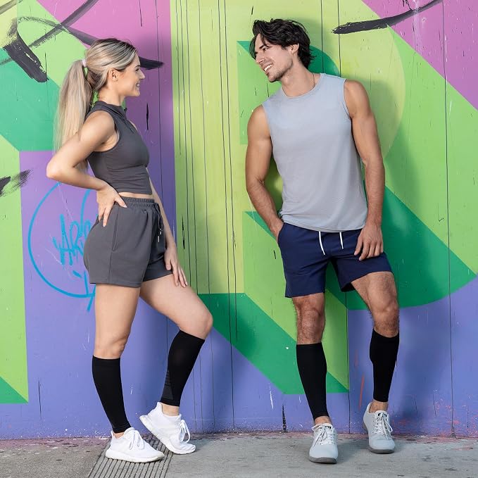 Calf Compression Sleeves for Men and Women - (1 Pair) Footless Compression Socks Support for Varicose Vein, Nursing, Pregnancy, Running - PhysFlex Leg Sleeve Brace for Shin Splints, Pain Relief and