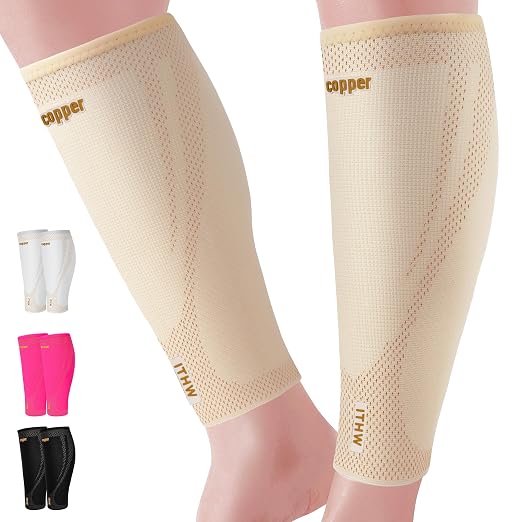 Copper Calf Compression Sleeves for Men Women, Shin Splint Relief, Grip | High Stretch Graduated Compression with Anti-Slip Grip | Breathable & Smooth Lining Footless Design for Runner Nude