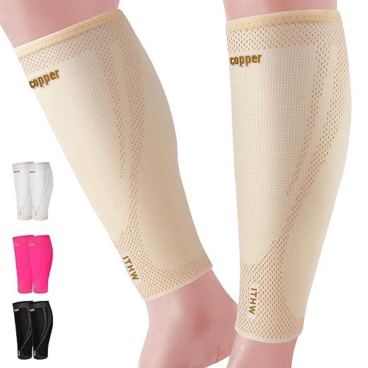 Copper Calf Compression Sleeves for Men & Women - High Stretch | Graduated Compression with Anti-Slip Grip | Breathable & Smooth Lining Footless Design for Runner, Shin Splints