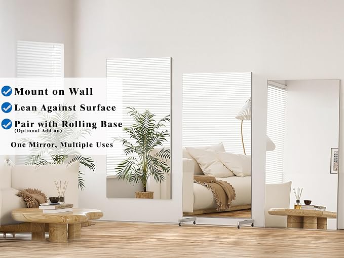 Glassless Floor Mirror, 71×39”, Wide Shatterproof Full Length Mirror for Bedroom or Entryway, Ultra-Light Wall Mounted or Leaning, White Frame