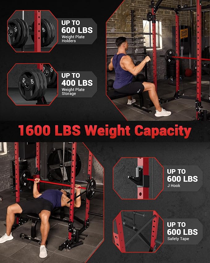 Garvee Power Cage with Cable Crossover System, Power Rack for Home Gym | 1600 Lb Capacity, Carbon Steel Squat Machine with LAT Pulldown Pulley System, J-Hooks, Dip Handles, Landmine Attachment