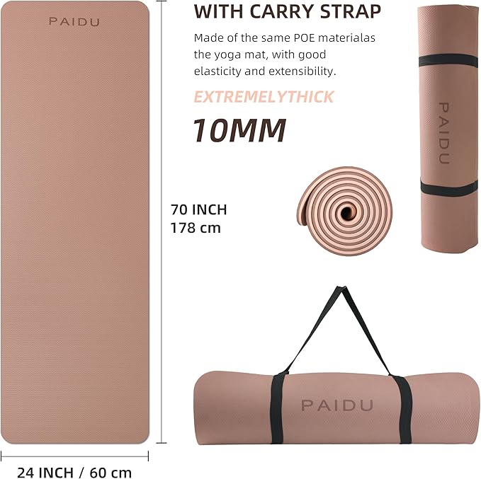 PAIDU POE Yoga Mat （10mm）Extra Thick Fitness Mat 72"x24" with Carry Strap | Non-slip, tear-resistant and suitable for all ages, perfect for yoga, Pilates, home gym and full-body workouts.