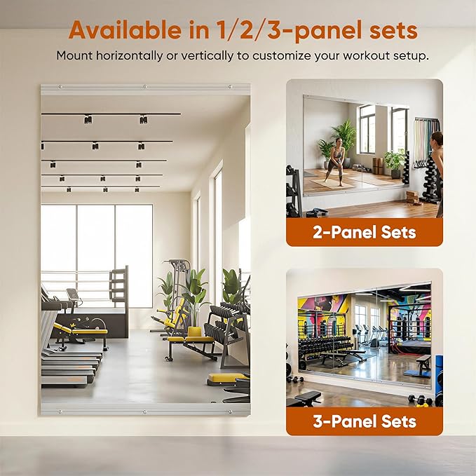 Home Gym Mirror, 48" x 25" - 2PCS, Large Full Length Mirror Wall Mounted for Yoga, Frameless Tempered Glass Wall for Home Gym, Dance Studio, Living Room, Bathroom