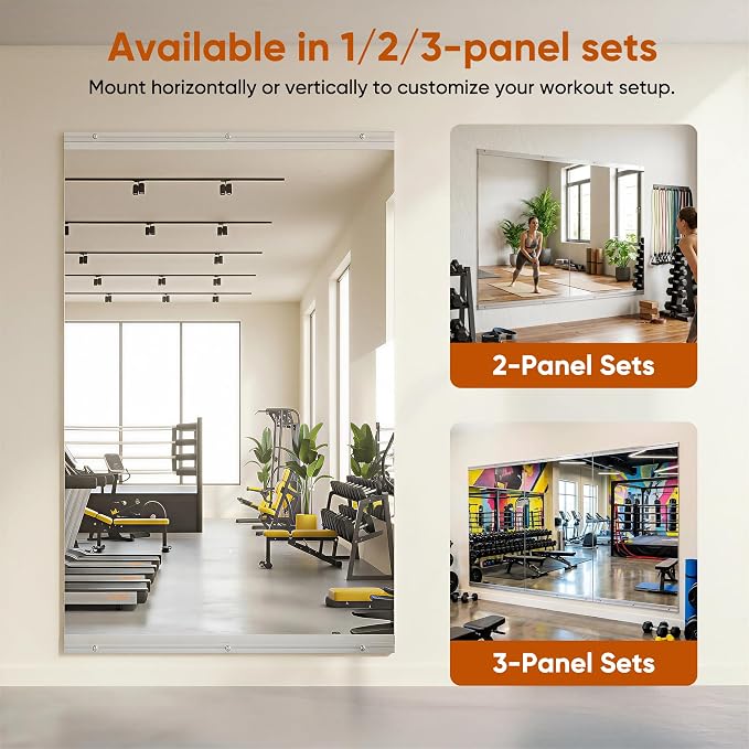 Home Gym Mirror, 48" x 24" - 2PCS, Large Full Length Mirror Wall Mounted for Yoga, Frameless Tempered Glass Wall Mirrors for Home Gym, Dance Studio, Living Room, Bathroom