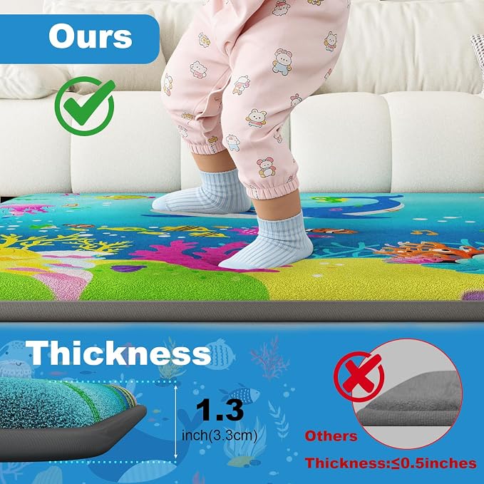 1.3" Thick Baby Play Mat for Floor, Elasti-Foam 50x50 Playpen Mat, Water Repellent Ultra Soft Coral Velvet Tummy Time Crawling Mats for Kid Toddlers Infants, Non-Slip Backing Safe for Crawling Ocean