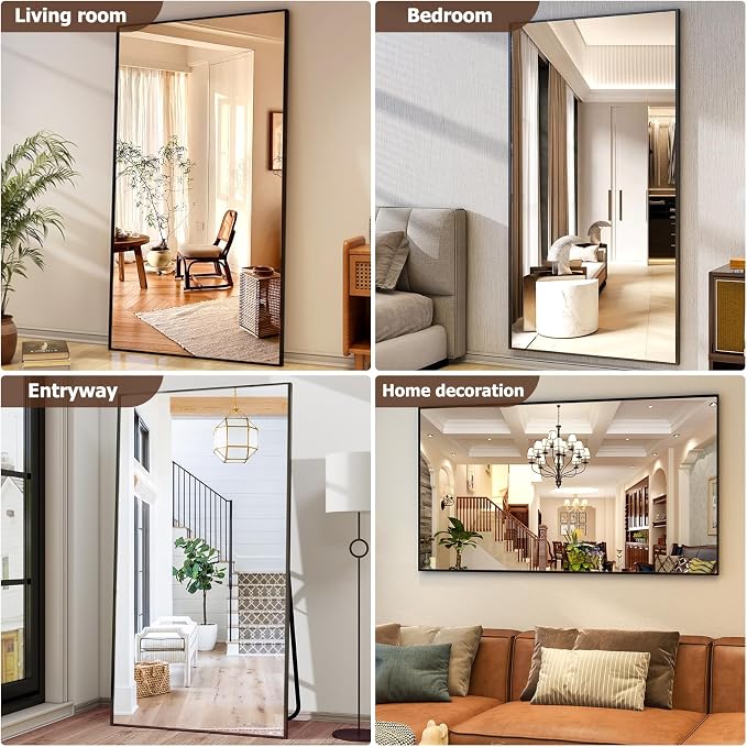 Easly Full Length Mirror with Stand - 38"x77" Full Body Mirror for Floor, Wall Hanging or Leaning - Aluminum Alloy Frame for Living Room, Bedroom, Cloakroom - Black