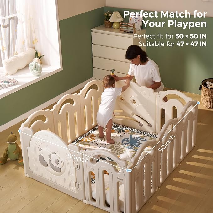 Momcozy Baby Play Mat for Floor, 50"x50" Thickened Playpen Mat | Playmate for Baby Tummy Time, Waterproof & Non-Slip, Foldable Outdoor Mat with Carrying Handle, Forest World