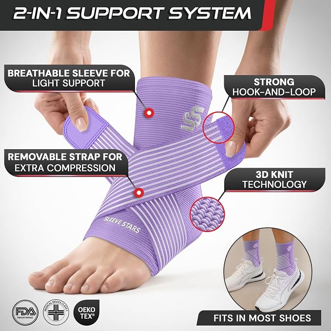Sleeve Stars Ankle Brace for Women & Men, Ankle Wrap for Sprained Ankle, Compression Sleeve for Plantar Fasciitis Relief, Easy Customizable Support: w/Removable Strap (Pair/M:10"-12"/Light Purple)