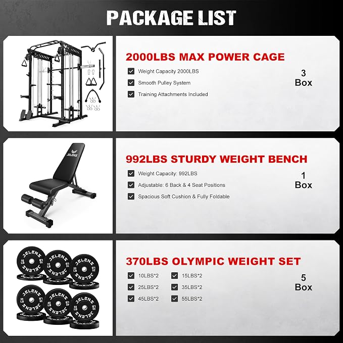 JELENS M21 Smith Machine, Multi-Function Power Cage with Dual Pulley Cable Crossover System, 2000LBS All-in-One Squat Rack with Smith Bar and Attachments for Home Gym