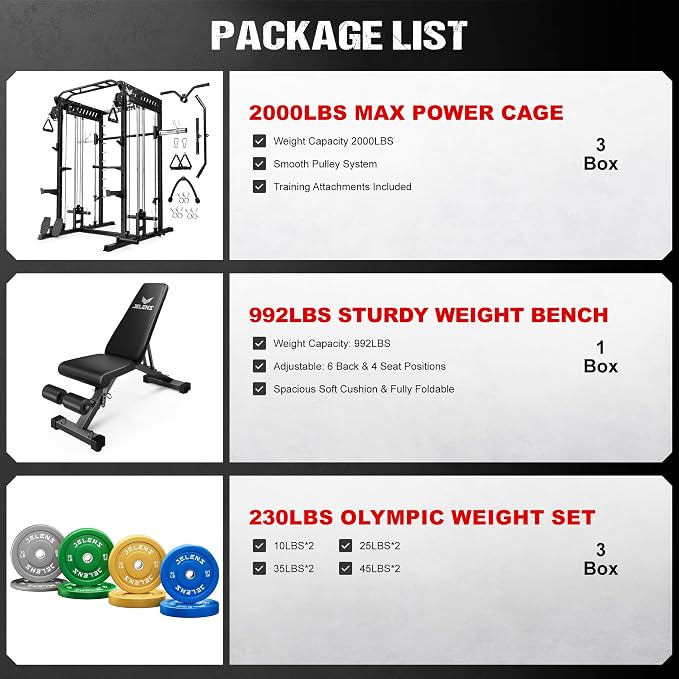 JELENS M21 Smith Machine, Multi-Function Power Cage with Dual Pulley Cable Crossover System, 2000LBS All-in-One Squat Rack with Smith Bar and Attachments for Home Gym