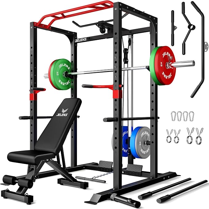 JELENS S11 Power Cage, 2000LB Multi-Function Power Rack with LAT Pulldown, Squat Rack with Adjustable Pulley System and Training Attachments, Weight Rack for Home Gym