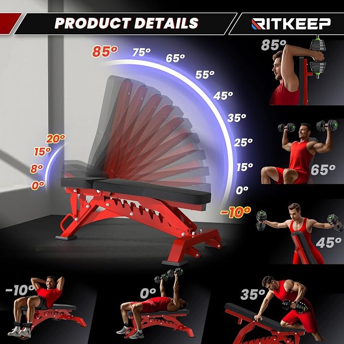 RitKeep Adjustable Weight Bench, 1300LB Capacity for Garage & Home Gym | Weightlifting Workout Bench with 40 Adjustment Positions for Incline, Decline, Bench Press and Full-Body Training -RAB-3000