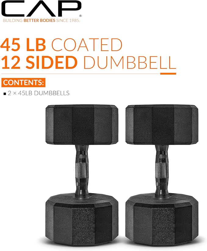 CAP Rubber Coated Dumbbell Weights, Free Weights for Home Gym Strength Training, Anti-Roll Hex Dumbbells with Black, Chrome & Comfort Grip Handles, Pairs & Sets