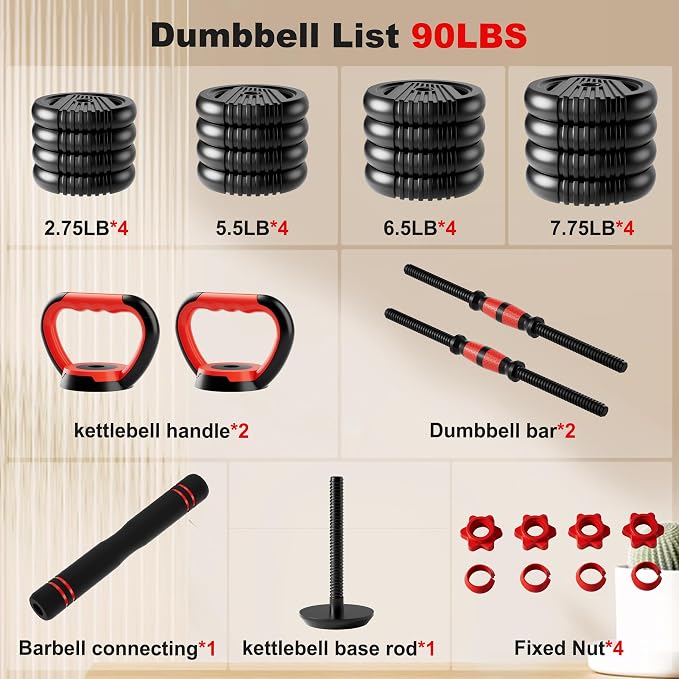 Adjustable Dumbbell Set,20/30/45/70/90lbs Free Weight with Connector | 5 in1 Dumbbells Set Used as Barbell, Kettlebells, Push up Stand,Weight Plate, Fitness Exercises for Home Gym