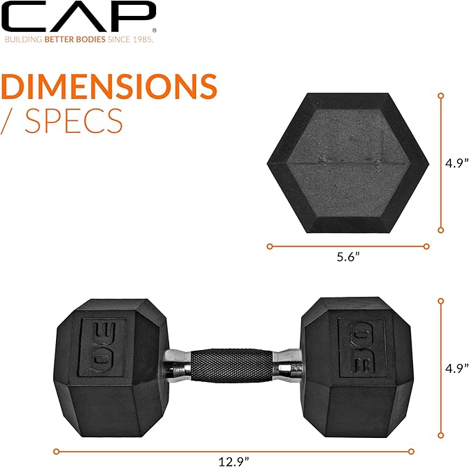 CAP Rubber Coated Dumbbell Weights, Free Weights for Home Gym Strength Training, Anti-Roll Hex Dumbbells with Black, Chrome & Comfort Grip Handles, Singles