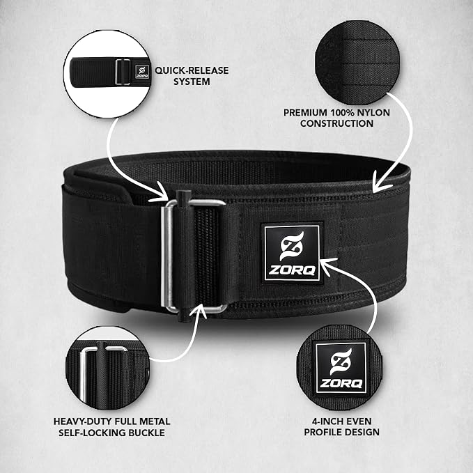 ZORQ Self-Locking Weight Lifting Belt - 4 Inch Wide Quick-Locking Gym Belt for Men & Women - Professional Weightlifting Belt for Olympic Lifting, CrossFit, Squats & Deadlifts - Back Support
