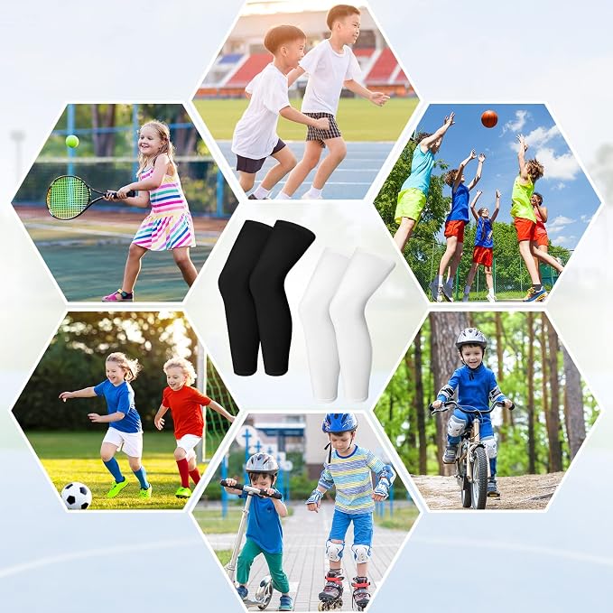 Geyoga 2 Pairs Kids Long Compression Leg Sleeves Long Knee Sleeves UV Protection for Boy Girl Youth Basketball Running Sport