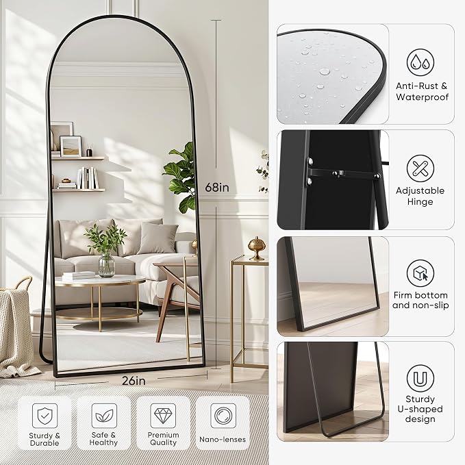 Full Length Mirror, Arched Floor Mirror Freestanding, Floor Standing Full Body Mirror with Stand for Bedroom, Hanging Mounted for Living Room Cloakroom