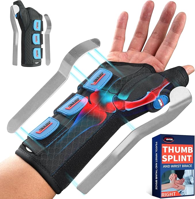 FEATOL Carpal Tunnel Wrist Brace Night Support, Thumb Spica Splint Right Hand for De Quervains Tenosynovitis, Tendonitis, Thumb Brace for Women Men, Black Blue, Medium/Large