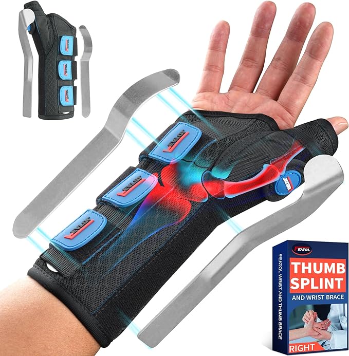 FEATOL Carpal Tunnel Wrist Brace Night Support, Thumb Spica Splint Right Hand for De Quervains Tenosynovitis, Tendonitis, Thumb Brace for Women Men, Black Blue, Large/XLarge