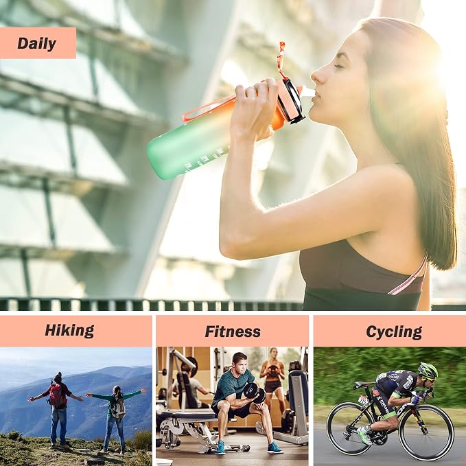 YC Kitchen Motivational Water Bottle with Time Marker - 32oz, Leak-proof BPA Free Sports Water Bottles with Straw & Carrying Strap