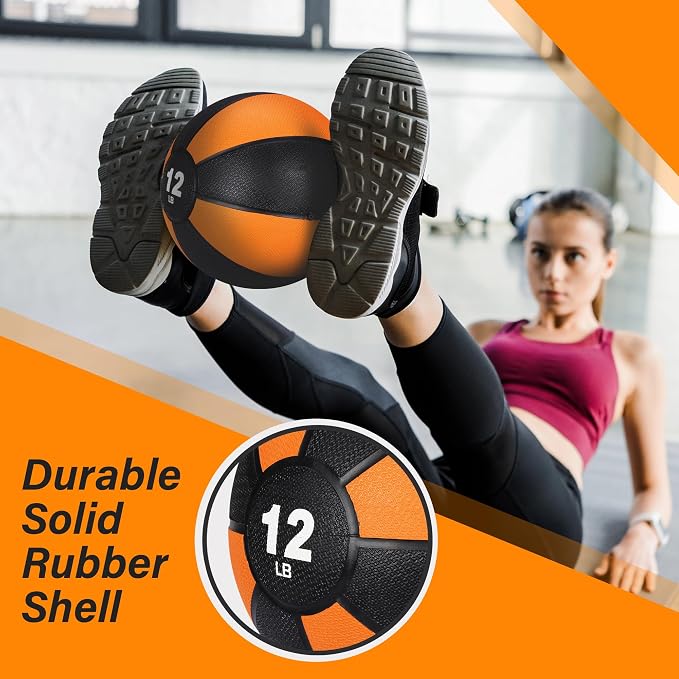 12lb Slam Medicine Ball Weighted Fitness Workout Ball with Rubber Shell Textured Grip for Core Strength, Exercise, Cardio, Balance and Flexibility Improves