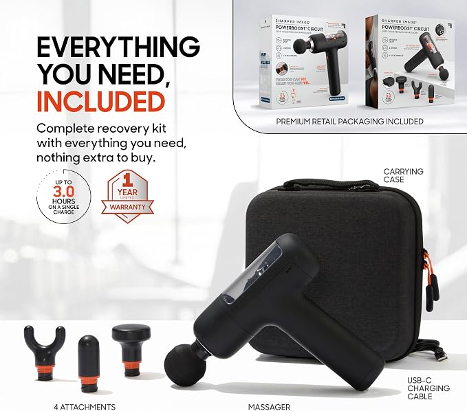 Sharper Image PowerBoost Circuit Massage Gun [2026 Version] Deep Tissue Percussion Massager with 6 Speeds for Back, Shoulders, & Full Body Muscle Pain Relief, with 4 Attachments & Travel Case