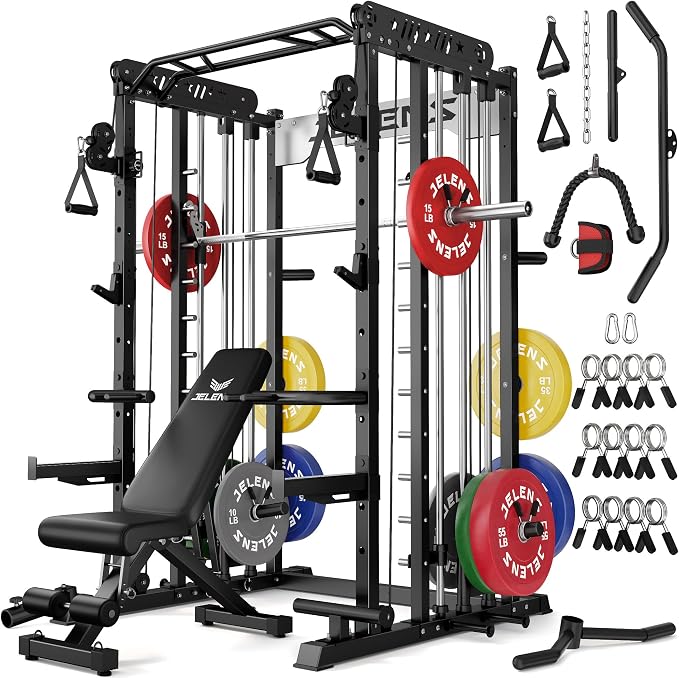 JELENS Smith Machine for Home Gym, Multi-Function M12 Power Cage with Cable Crossover System, Squat Rack with Smith Bar and More Attachment