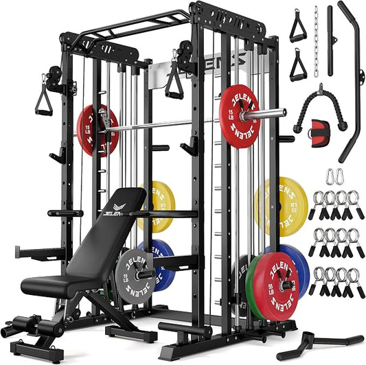 JELENS Smith Machine for Home Gym, Multi-Function M12 Power Cage with Cable Crossover System, Squat Rack with Smith Bar and More Attachment
