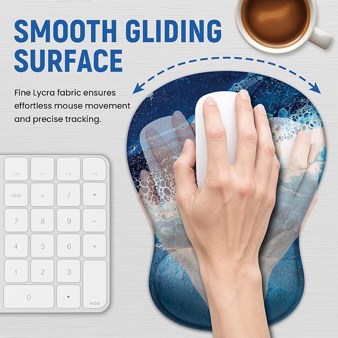 Ergonomic Mouse Pad with Wrist Rest, Gel Wrist Support, Waves | 10.2 x 7.6 in Mouse Pad with Smooth Fabric Surface and Non-Slip Rubber Base for Office, Home, Study, and Gaming