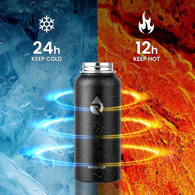 RAYMYLO Insulated Water Bottle 32 oz, Triple Wall Vacuum Stainless Steel | (Cold for 24Hrs, Hot for 12Hrs), Leak Proof & Non-BPA, Modern Water Flask Jug with Paracord Handle & Straw Spout Lids