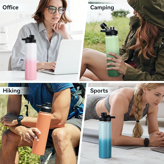 Fijinhom Insulated Water Bottle with Handle, 304 Stainless Steel Water Bottles with Wide Mouth, Double Wall Vacuum Sports Water Bottle, BPA Free, Keep Cold and Hot, 24 Ounces, Coral