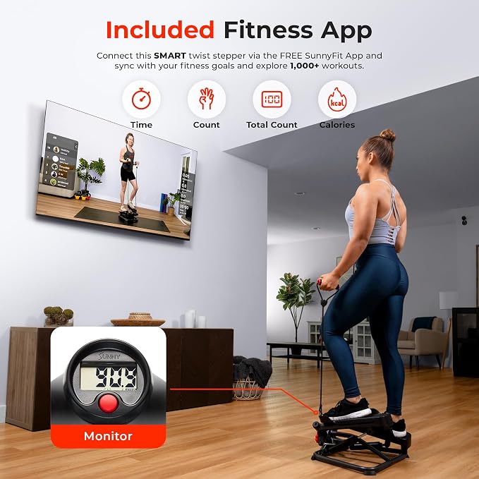 Sunny Health & Fitness Twist Stair Stepper with Resistance Bands | Low-Impact, Side-Twist Motion, Adjustable Step Height, Hydraulic Resistance, SunnyFit App, Up to 350 lb Capacity