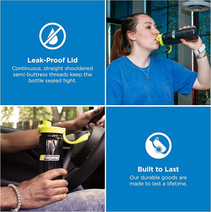 Nalgene 24 oz On The Fly Lock-Top Water Bottle, Charcoal w/Lime | Easy Chug Cap with Locking Lid, Cup Holder Size, BPA-Free, Durable & Leak Proof, Lightweight Bottle for Hiking, Gym & Travel